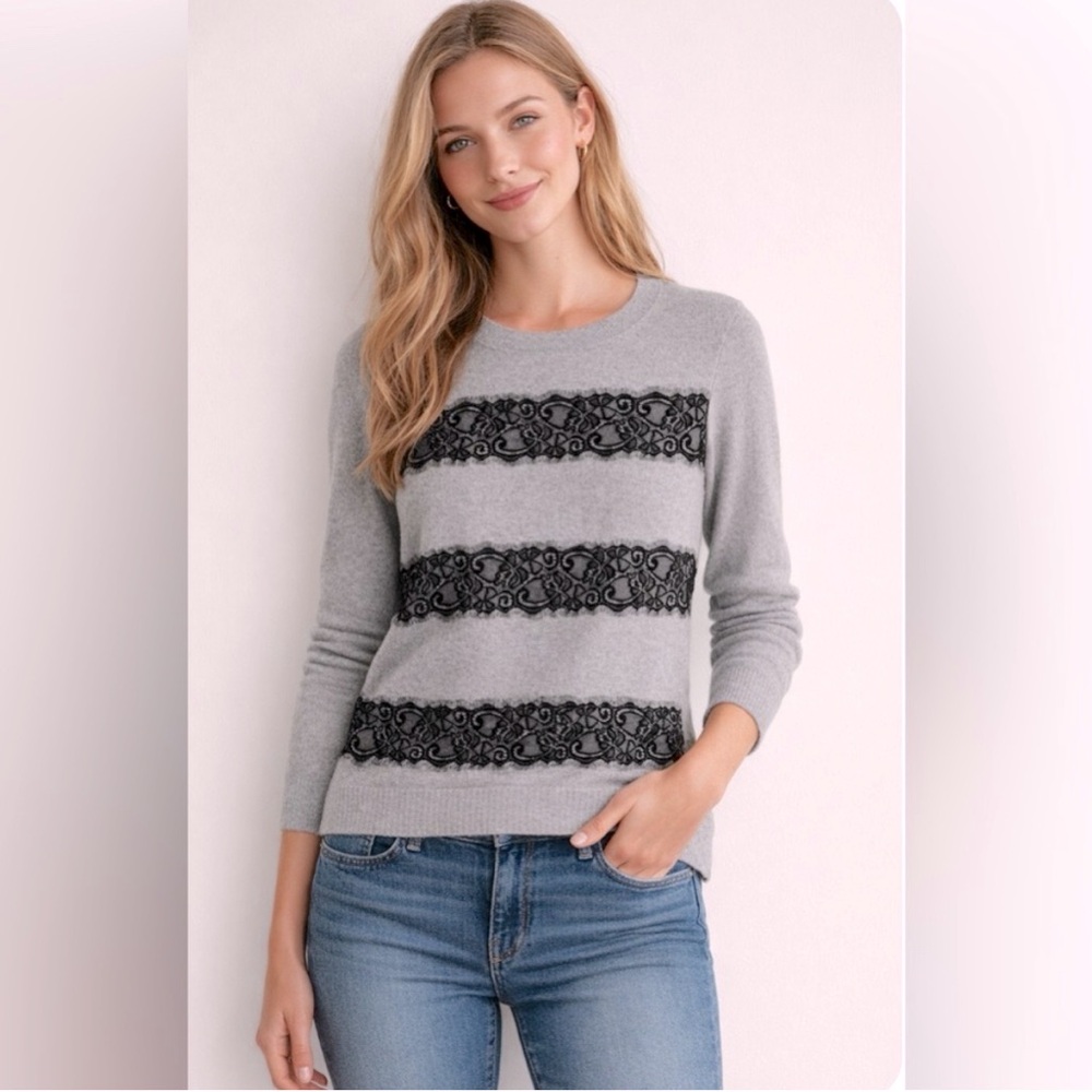 J. Crew Factory Heather Gray Knit Sweater with Black Lace